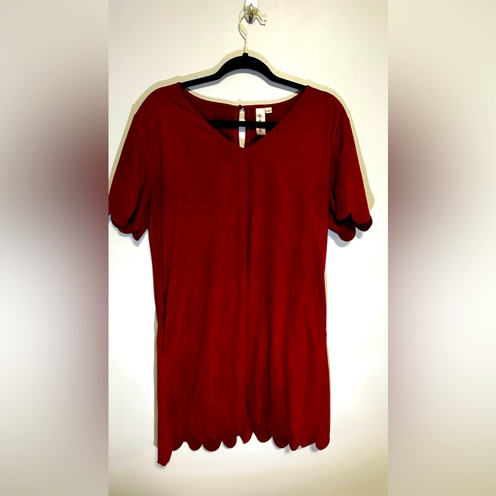 Perfectly Priscilla boutique 2x faux suede scalloped mini dress, red/burnt